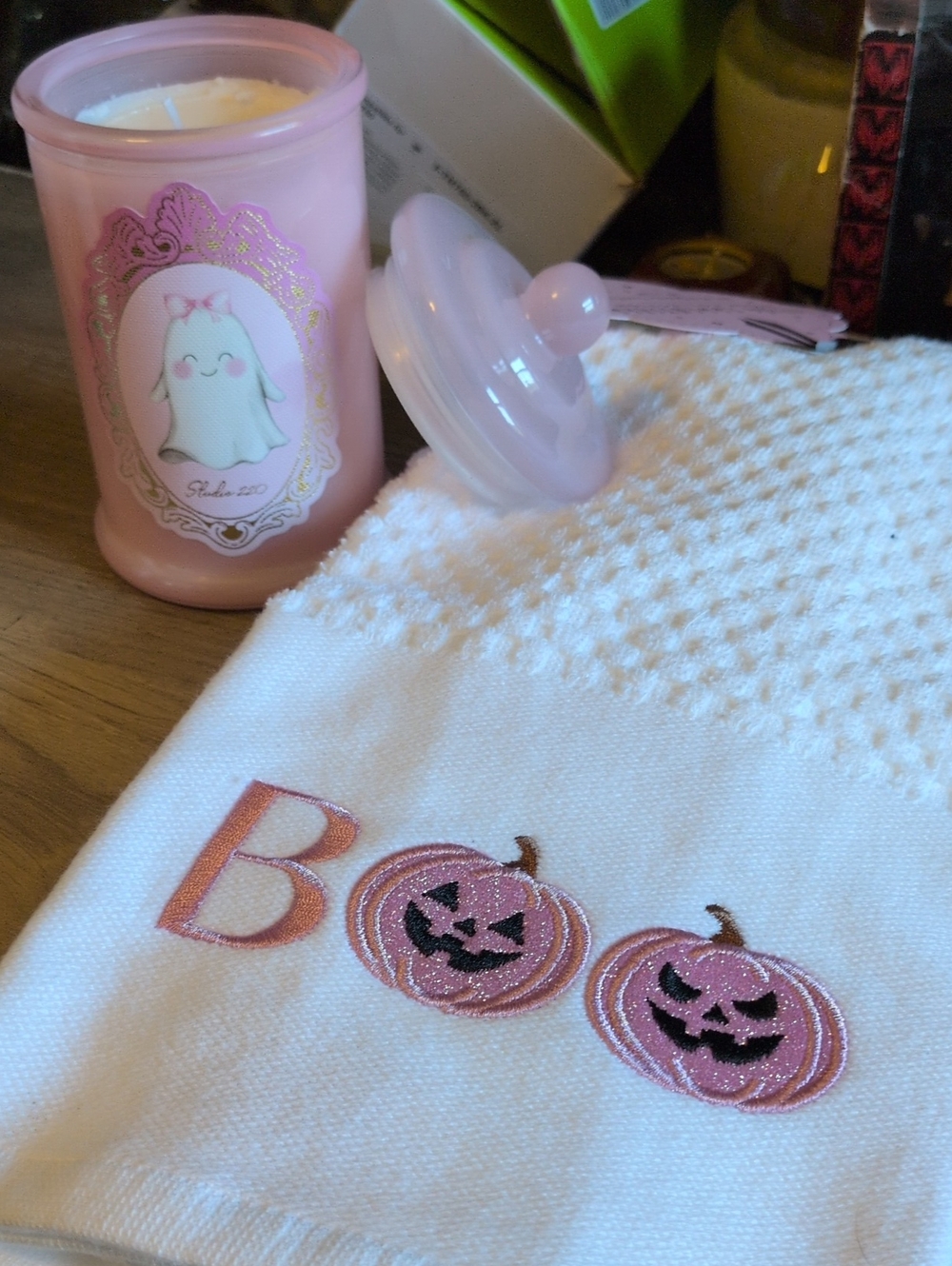 Pink Halloween Pumpkin 2 Embroidered Kitchen Towels - Pink Ghost Studio Candle